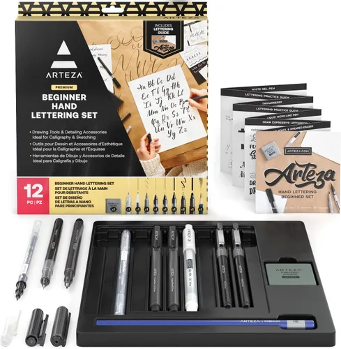 ARTEZA Juego de 12 bolígrafos de mano para caligrafía y pincel con guía, lápiz, borrador para principiantes que aprenden letras a mano y escritura