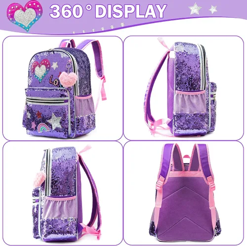 Miniatura 21 de Mochila para niñas de 16 pulgadas, mochilas para niñas para la escuela, mochila de lentejuelas con lonchera para estudiantes de primaria