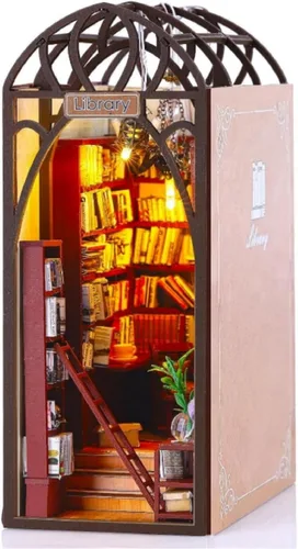 Kit de rincón de libros para bricolaje con luces LED, rompecabezas de madera 3D para insertar en estantería y decoración de casa de muñecas, kit de