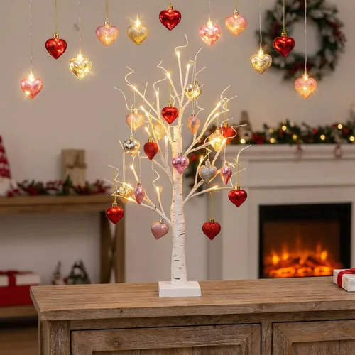 Miniatura 4 de Lámpara romántica de árbol de abedul en forma de corazón, decoración del día de San Valentín, árbol de abedul iluminado con adornos de corazón, haz