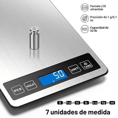 Miniatura 2 de Fuzion Báscula de alimentos, báscula digital de cocina de 1 g/0.1 oz, 22 libras, 7 unidades, tara y PC, potencia recargable, vidrio templado y acero
