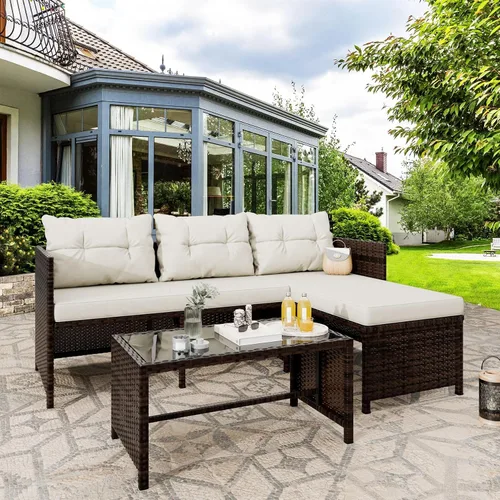 Vongrasig Juego de muebles de patio de 3 piezas, sofá seccional de mimbre PE para todo tipo de clima, juego de conversación pequeño para Beige