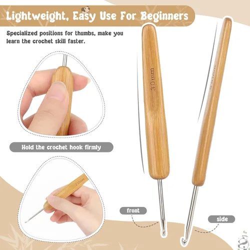 Miniatura 2 de Katech 10 ganchos de ganchillo ergonómicos para ganchillo, mango de madera de bambú, gancho de ganchillo de tamaño pequeño (0.030-0.118 in), hilo