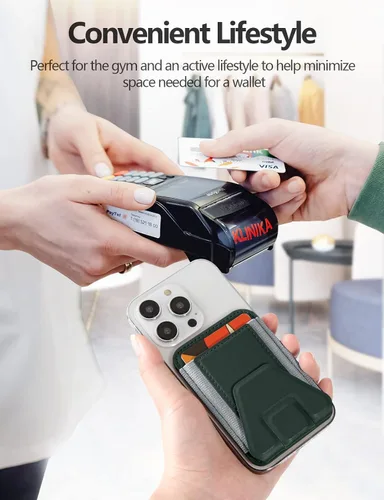 Miniatura 7 de ExtreLife Tarjetero magnético compatible con MagSafe Wallet Stand para iPhone 17/16/15/14/13/12, compatible con 7 tarjetas, verde y gris