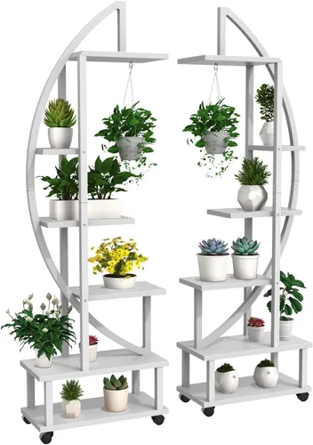2 soportes de metal de 6 niveles altos para plantas de interior con ruedas desmontables, soporte para plantas para espacios exteriores con lazo para