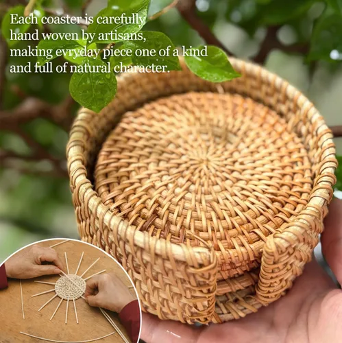 Miniatura 2 de Juego de 6 posavasos de ratán hechos a mano con soporte, posavasos bohemios de mimbre natural, resistentes al calor para bebidas frías y calientes