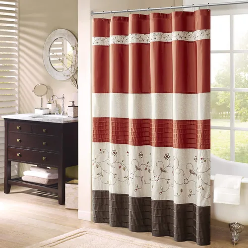 Miniatura 6 de Madison Park Cortina de ducha de tela Serene Flora, cortinas de ducha bordadas de transición para baño, 72 x 72 pulgadas, roja Rojo