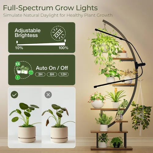 Miniatura 3 de GREENSTELL Soporte para plantas de interior con luces de crecimiento, soporte de metal alto de 7 niveles para plantas de interior, estante de Marrón