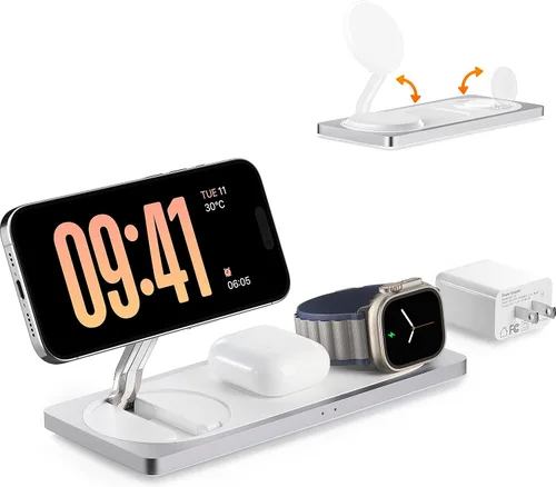 Estación de carga 3 en 1 para dispositivos Apple: Usada para estación de carga de iPhone y reloj con soporte de cargador Magsafe, cargador Plateado