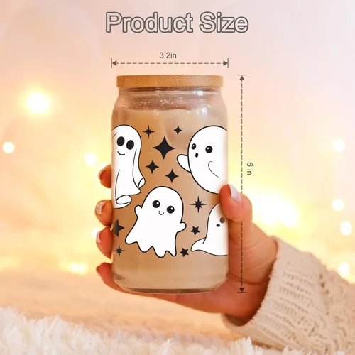 Miniatura 3 de Coolife Taza fantasma de Halloween, vaso de vidrio de 16 onzas con tapas y pajitas, taza de café helado espeluznante para batidos, bonitos regalos