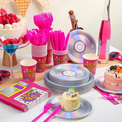 Miniatura 3 de Yungyan Juego de 252 platos y servilletas retro de los años 90, decoraciones de fiesta con texto en inglés "I Love the 90", desechables de vuelta a