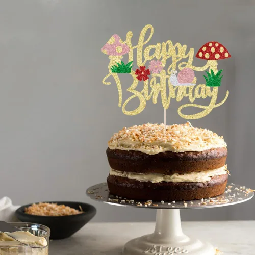 Miniatura 6 de Kaoenla Decoración para tartas de hongos con purpurina, hongos y flores en primavera, el tema, decoraciones de feliz cumpleaños para niñas y niños