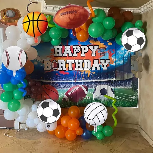 Miniatura 6 de Kit de guirnalda de arco de globos deportivos, 115 piezas de globos de helio para fiestas deportivas de béisbol, fútbol soccer, baloncesto, fútbol