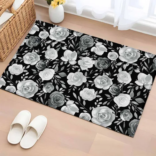 Small Area Rugs 2x3 Ft, Black Flowers Non-Slip Area Rugs for Living Room Bedroom Entryway, Watercolor Vintage Floral Leaves Country Washable Carpet
