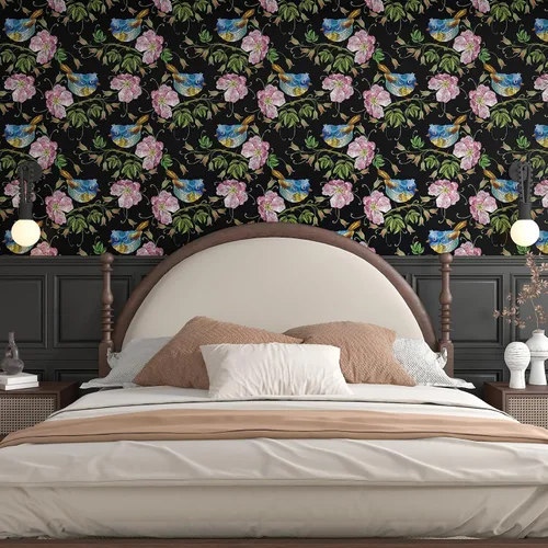 Miniatura 3 de CHIHUT Papel tapiz bordado de 17.7 x 100 pulgadas, diseño floral de pájaro, color negro, rosa, flores silvestres, azul, Wren, papel tapiz