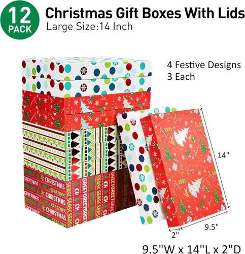 Miniatura 2 de SUNCOLOR Paquete de 12 Cajas de Regalo Grandes de Navidad de 14" Rojas con Tapas para Ropa y Regalos Rojo: 14 x 9.5 x 2 pulgadas