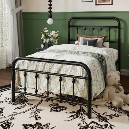Miniatura 3 de SHA CERLIN Marco de Cama de Plataforma de Metal Tamaño Twin con Cabecera y Pie de Cama de Hierro Forjado Estilo Victoriano, Fácil Montaje, Negro