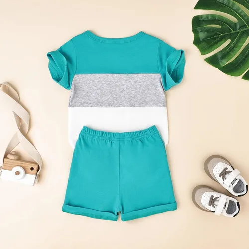 Miniatura 34 de Ropa para bebé niño pequeño, trajes de verano de manga corta, camiseta de retazos y pantalón con bolsillo, conjunto de 2 piezas, 12 meses a 4 años