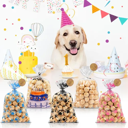 Miniatura 2 de 100 bolsas de celofán con estampado de patas de perro de mayor capacidad, bolsas de golosinas para perros y gatos con calcomanías, bolsas de dulces