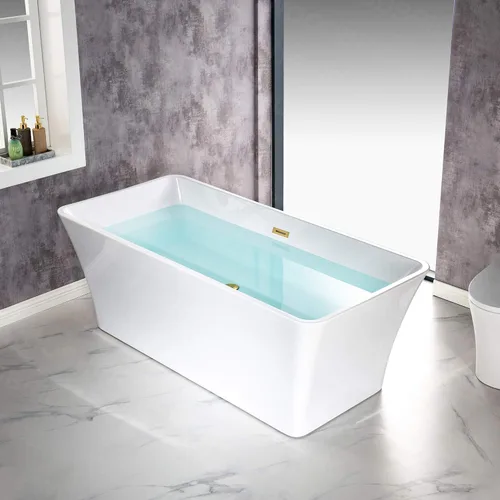 Miniatura 9 de WOODBRIDGE Bañera de acrílico independiente de 67 pulgadas, bañera blanca de remojo contemporáneo con desbordamiento y drenaje de oro cepillado