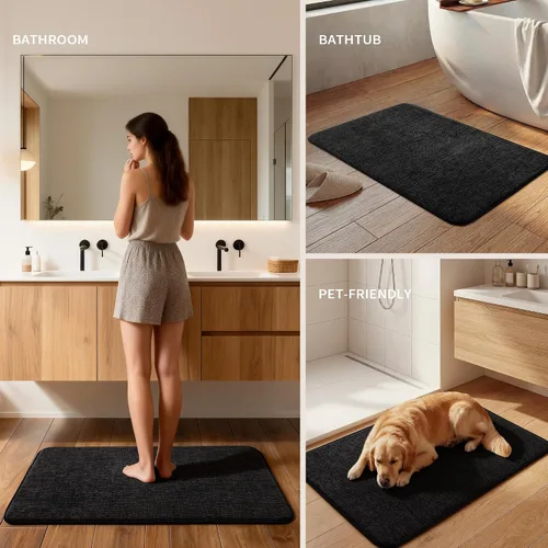Miniatura 4 de YIHOUSE Juego de 2 tapetes de baño de espuma viscoelástica, color negro, antideslizantes, de secado rápido, para baño, súper absorbente, lavable