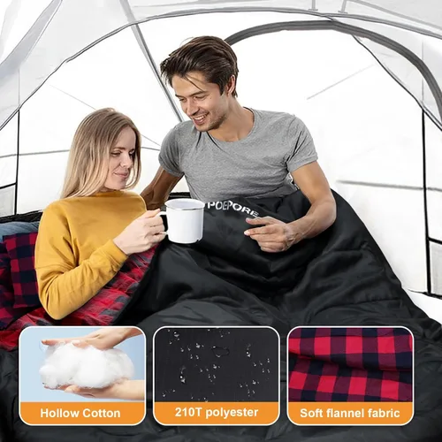 Miniatura 4 de Saco de dormir doble de franela para adultos con 2 almohadas, sacos de dormir para 2 personas, camping, XXL, tamaño Queen, saco de dormir para dos
