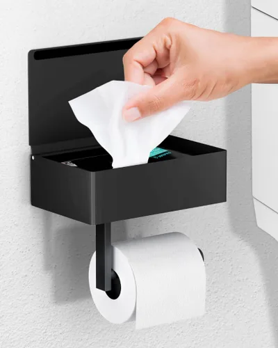 Day Moon™ Soporte de papel higiénico negro mate con estante, soporte de toallitas para baño, dispensador de toallitas desechables, soporte para