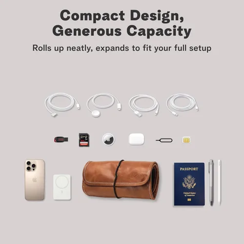 Miniatura 4 de rofozzi Bolsa de cuero Tech, soporte para pasaporte para viajes, organizador de cables, bolsillos de malla con cremallera para unidad USB, teléfono