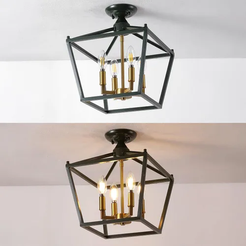 Miniatura 7 de JONATHAN Y Plains 12" Dark Green and Brass Gold 4-Light Iron Semi Flush Mount Lantern, Modern Farmhouse Open-Frame Pagoda with Metal Cage for