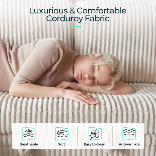 Miniatura 6 de LINSY HOME Sofá cama modular extraíble para sala de estar (beige, sofá cama 1) Sofá cama extraíble, almacenamiento, carga USB, portavasos, pana