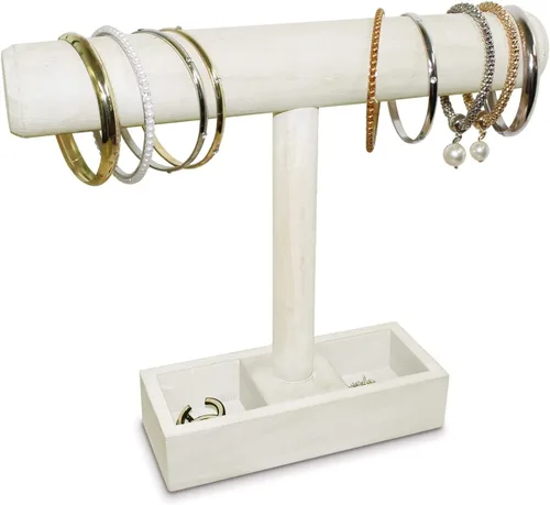 Miniatura 3 de MOOCA Soporte de exhibición ligero de madera para joyas con barra en T con bandeja de almacenamiento de 2 compartimentos para pulseras, relojes