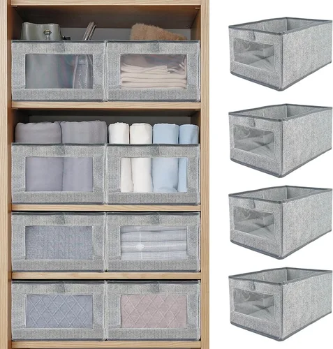 6 contenedores de almacenamiento de lino con ventana transparente, cesta para estantes, organizador de ropa, contenedores de almacenamiento para