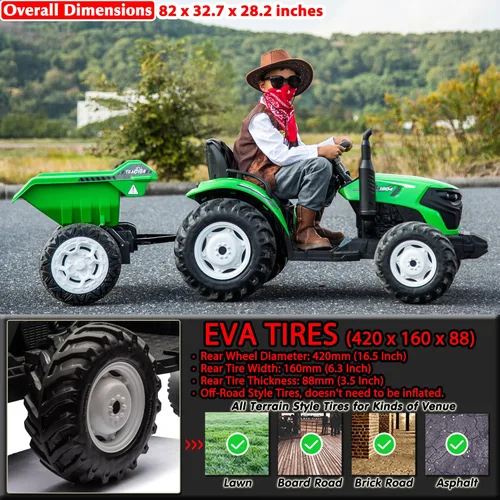 Miniatura 4 de sopbost Tractor de Juguete de 24V 10Ah para Niños Grandes 6+ 2WD con Remolque Eléctrico, Control Remoto, Ruedas EVA Extra Grandes, Capacidad de Verde