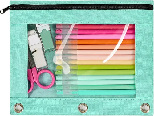 Miniatura 24 de Forvencer Estuche para lápices de 3 anillas, estuche transparente con cremallera suave, bolsa de lápices de gran capacidad con 3 ojales reforzados