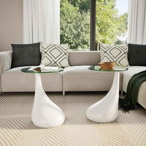 Miniatura 3 de Mesas de centro de 2 piezas con tapa redonda de cristal blanco de alto brillo, mesas auxiliares para sala de estar, mesas de centro para sala