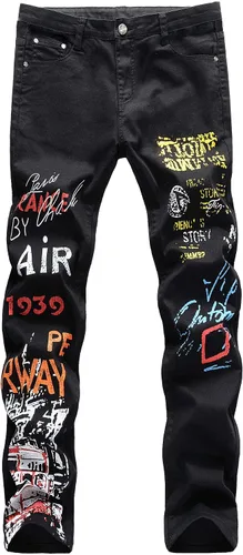 Parches estampados para hombre, diseño de retazos de moda, ajustados, desgastados, con agujeros, de mezclilla, cantantes, bailarines