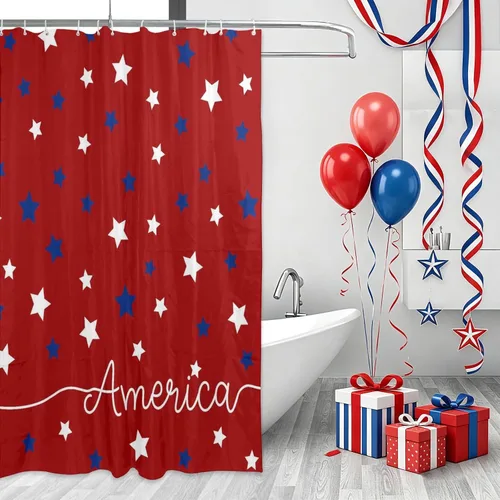 Miniatura 4 de Cortina de ducha patriótica de Estados Unidos para baño, cortina de baño de secado rápido con estrellas rojas y azules del 4 de julio, bañeras