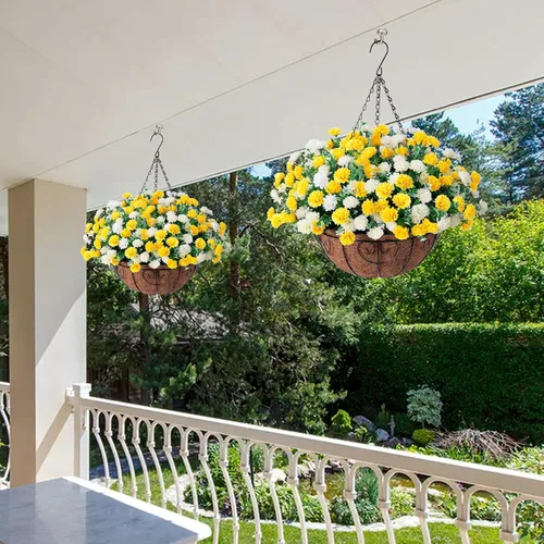Miniatura 4 de Cesta de flores artificiales colgantes para decoración de primavera al aire libre, flores falsas de seda resistentes a los rayos UV, margaritas