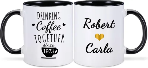 Regalo de boda del 50 aniversario para padres – Beber café juntos desde 1973 taza de café personalizada con nombre de pareja y año de boda, regalos