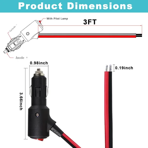 Miniatura 2 de Enchufe macho de repuesto para encendedor de cigarrillos de 12 V con interruptor de encendido y apagado - 3 pies, enchufe macho de 12 V con fusible