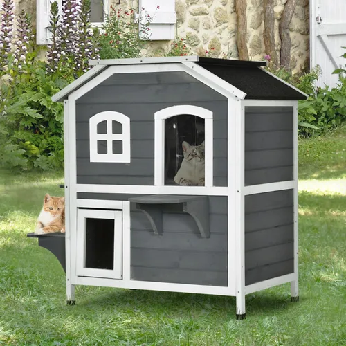 Miniatura 8 de Casa para gatos de 2 pisos al aire libre, recinto de madera resistente a la intemperie