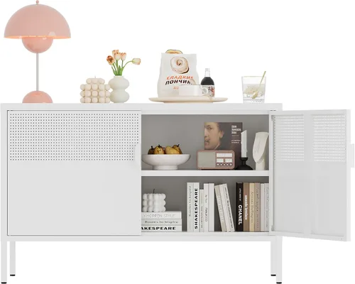 Miniatura 10 de Gabinete de almacenamiento de metal, soporte de TV de 2 puertas, gabinete de acento de malla metálica, cierre de puerta magnético, gabinetes de Negro