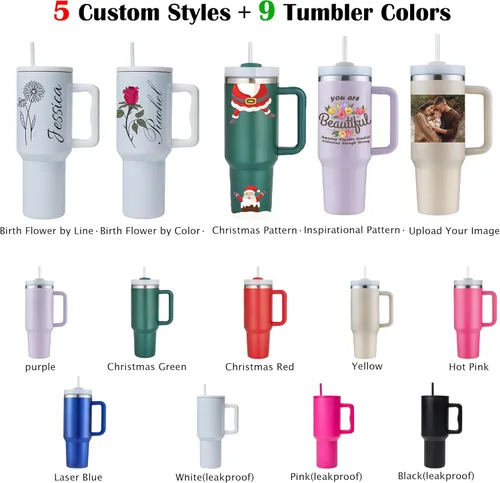 Miniatura 2 de Vaso personalizable de 40 onzas con asa y tapa con pajilla, regalos inspiradores para mujeres, colores vivos, acero inoxidable con aislamiento