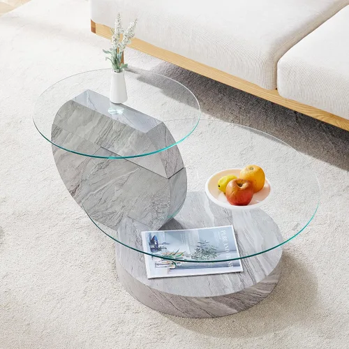 Miniatura 11 de Mesa de centro de vidrio de 35.4 pulgadas, mesa de centro redonda pequeña, mesa de vidrio templado de 2 niveles con base de madera, mesa central