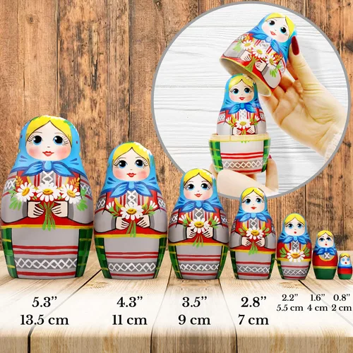 Miniatura 3 de AEVVV Juego de 7 muñecas rusas de anidación - Muñeca Matryoshka en vestido tradicional bielorruso - Muñeca rusa con acianos, espiguillas y flores