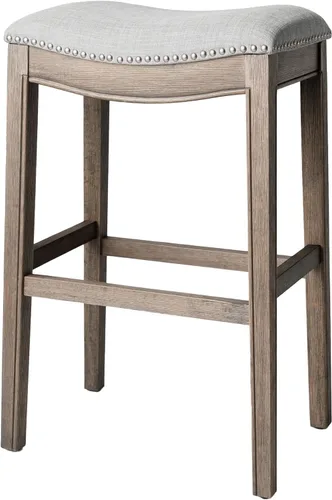 Maven Lane Adrien Taburete de bar sin espalda, asiento de silla de montar de 31 pulgadas con reposapiés, marco de madera maciza gris y tapicería de