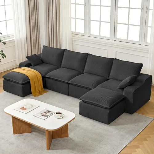 Miniatura 10 de Sofá modular sin hueso de 107 pulgadas con otomana, sofá modular de pana con asiento profundo tapizado, moderno sofá modular con tumbonas