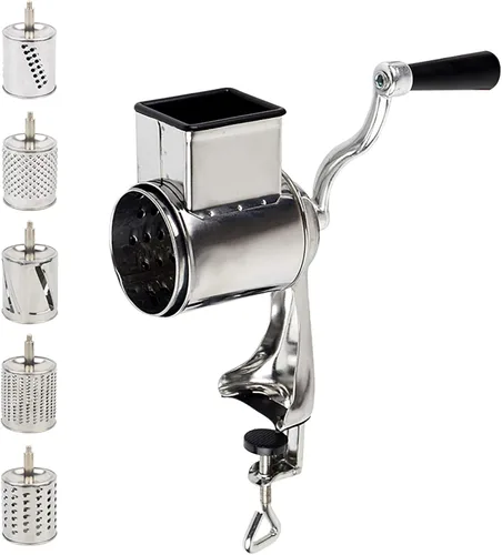 Rallador giratorio manual de acero inoxidable con mango para cocina, 5 cuchillas de tambor para ralladores de queso y verduras, rebanar y granular