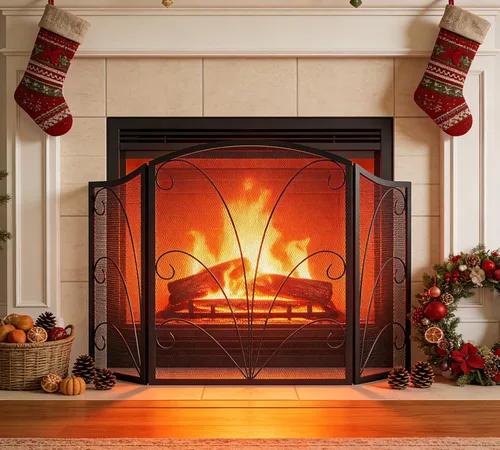 Miniatura 2 de Kingson - Pantalla para chimenea de 3 paneles con arco decorativo, hecha a mano, de hierro forjado con espiral, cubierta protectora contra chispas