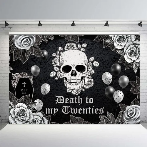 MEHOFOND Telón de fondo de 7 x 5 pies de muerte a mis veinte para fiesta de cumpleaños de 30 años RIP to My 20s funeral gótico calavera rosa negra